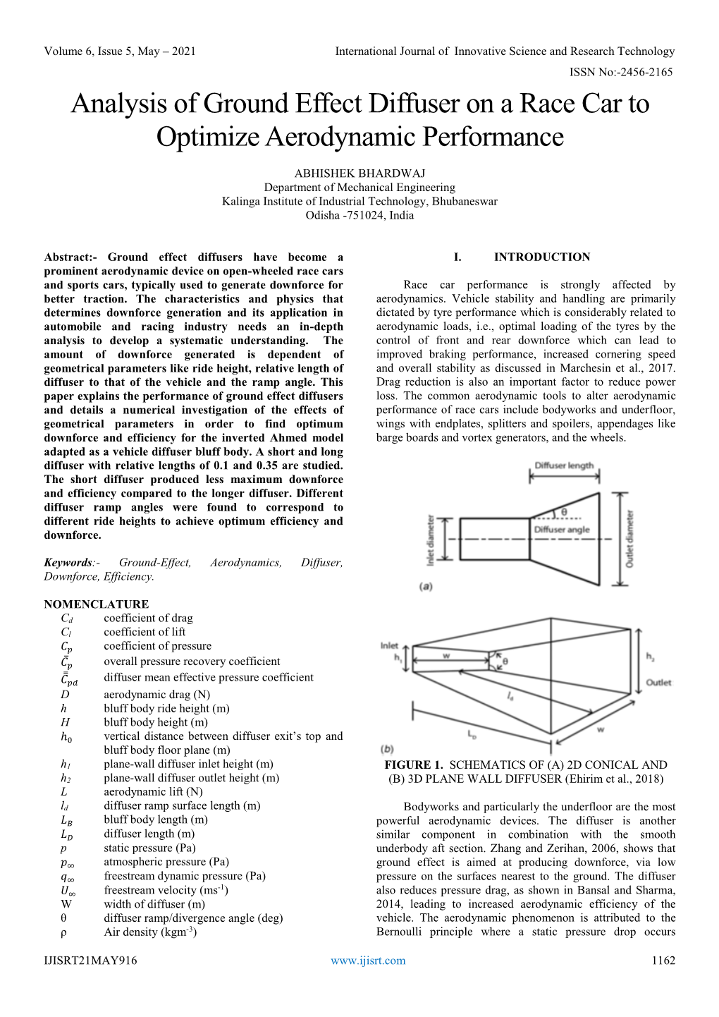 Analysis of Ground Effect Diffuser on a Race Car to Optimize Aerodynamic Performance