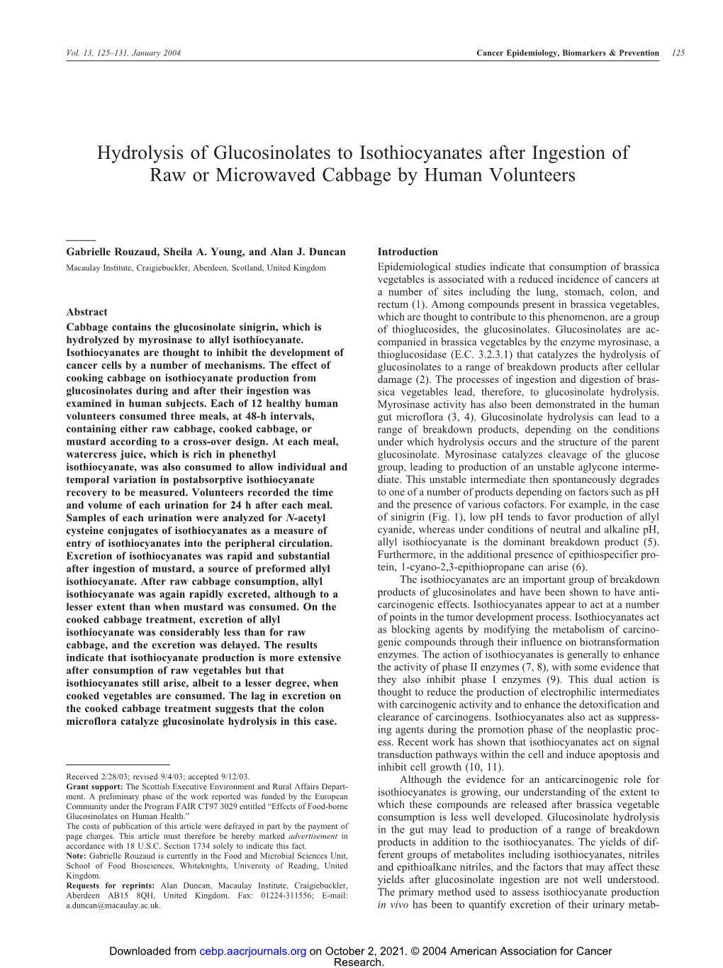 Hydrolysis of Glucosinolates to Isothiocyanates After Ingestion of Raw Or Microwaved Cabbage by Human Volunteers