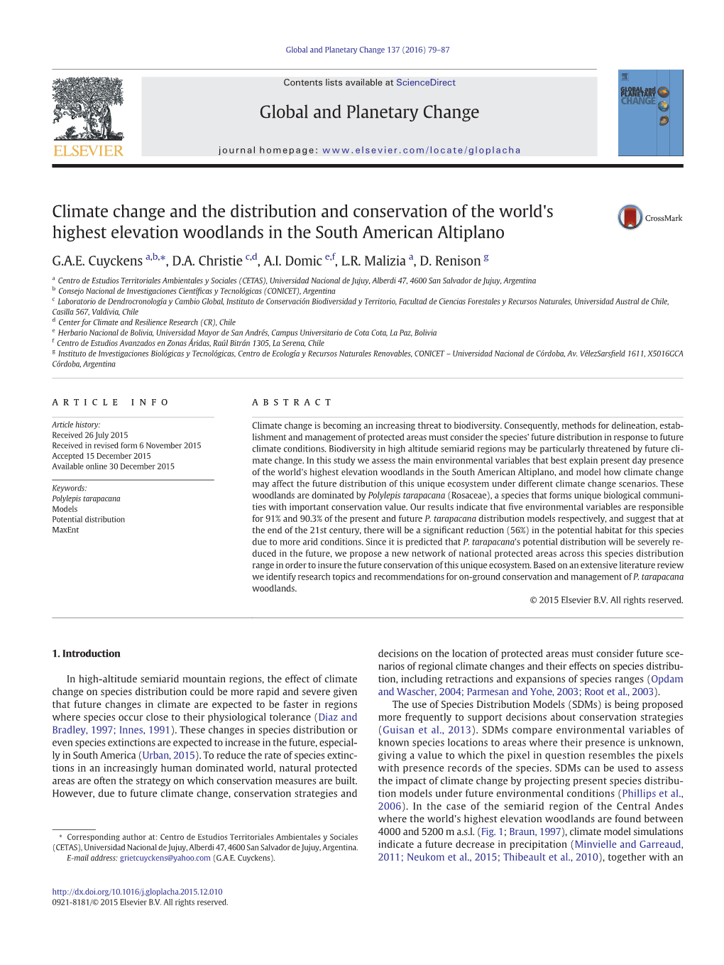 Climate Change and the Distribution and Conservation of the World's Highest Elevation Woodlands in the South American Altiplano