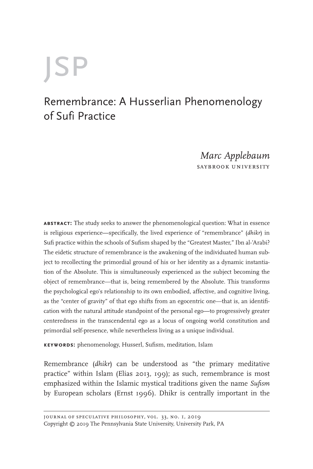 (2019) Remembrance: a Husserlian Phenomenology of Sufi Practice