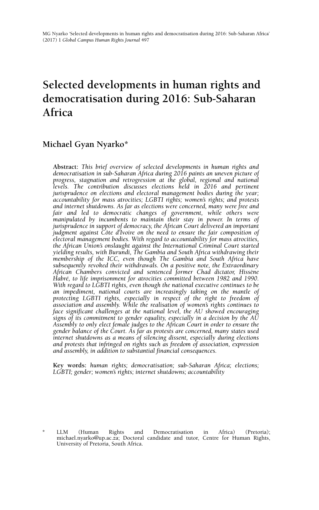 Sub-Saharan Africa’ (2017) 1 Global Campus Human Rights Journal 497