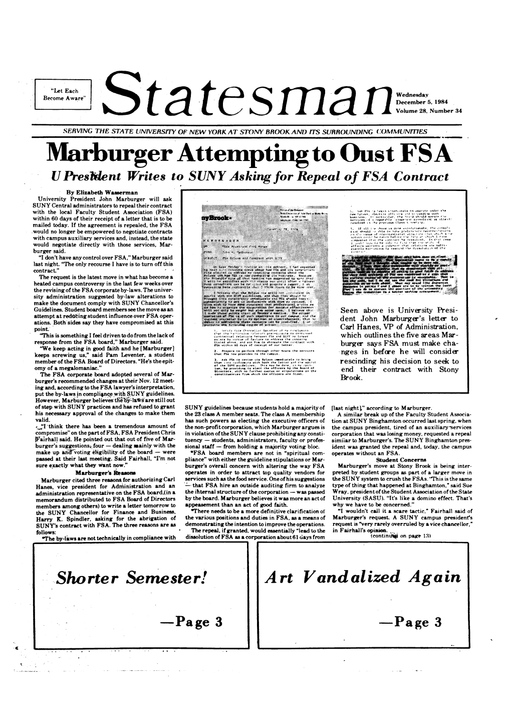 Marburger Attempting to Oust FSA Presiaent Writes to SUNY.Asking for Repeal of FSA Contract