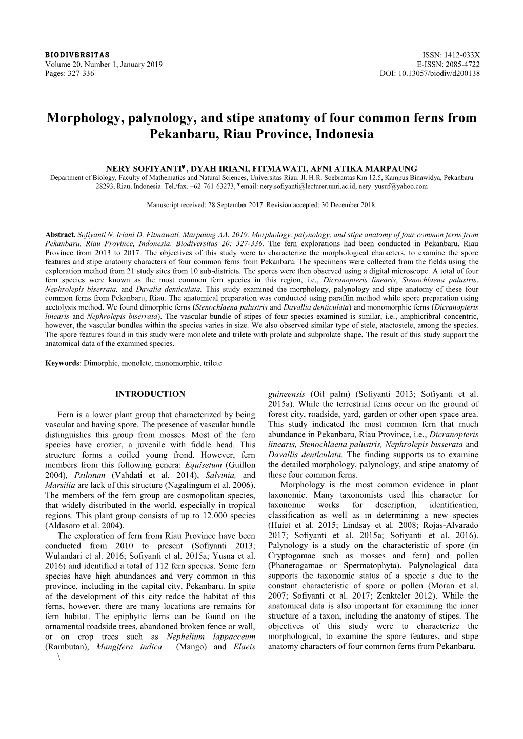 Morphology, Palynology, and Stipe Anatomy of Four Common Ferns from Pekanbaru, Riau Province, Indonesia