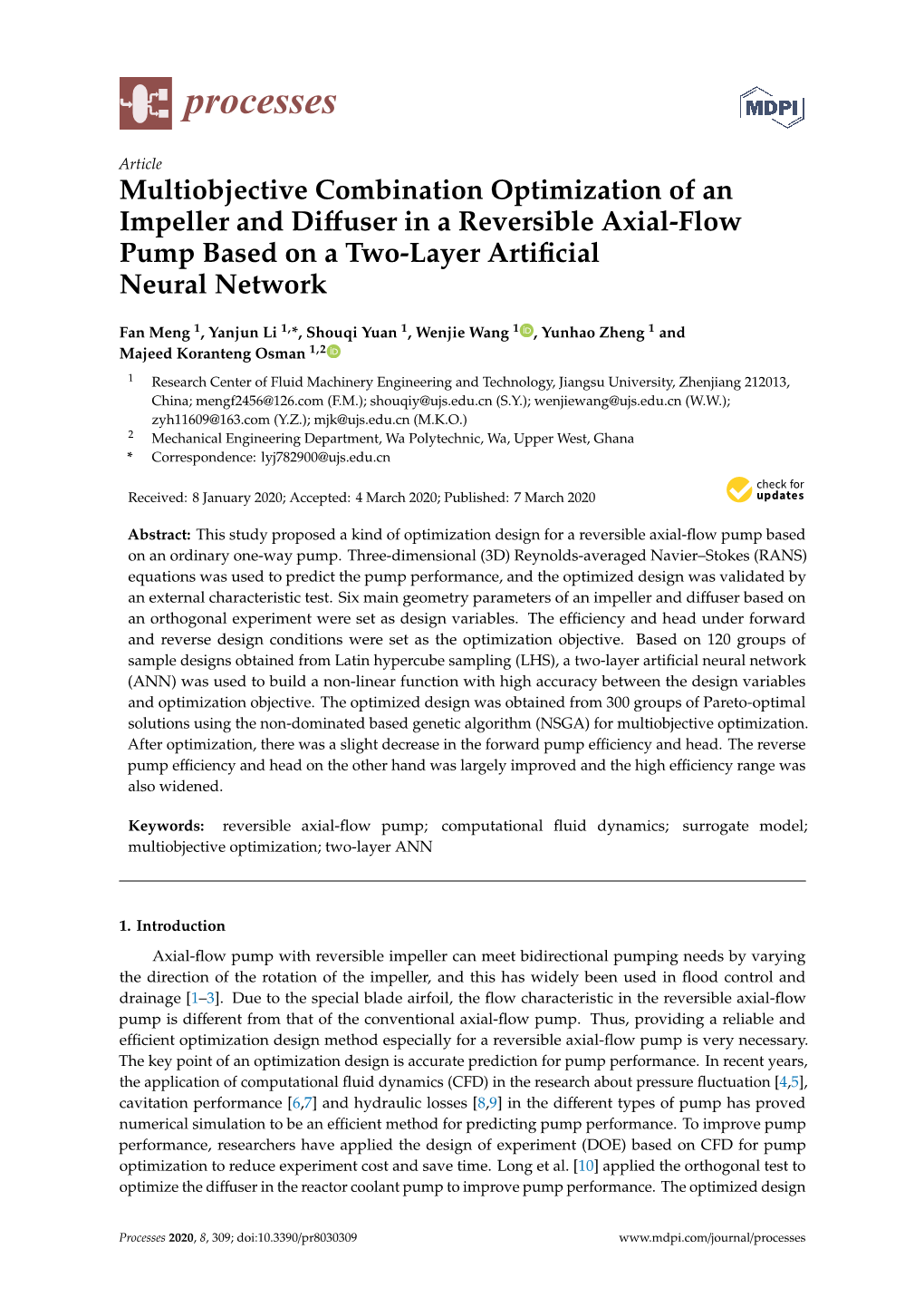 Multiobjective Combination Optimization of an Impeller and Diﬀuser in a Reversible Axial-Flow Pump Based on a Two-Layer Artiﬁcial Neural Network