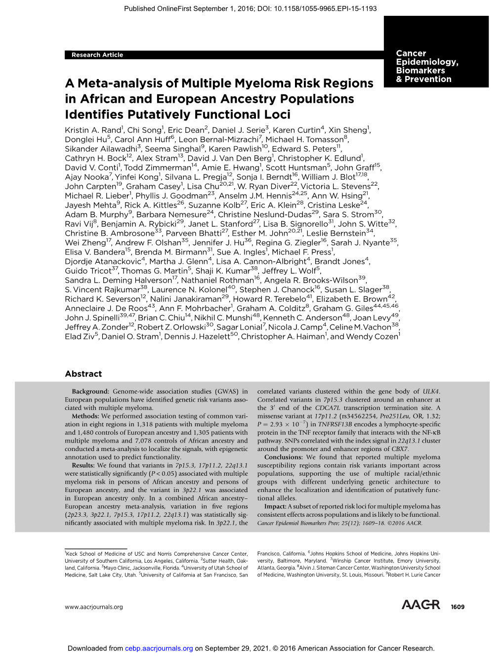 A Meta-Analysis of Multiple Myeloma Risk Regions in African and European Ancestry Populations Identifies Putatively Functional Loci