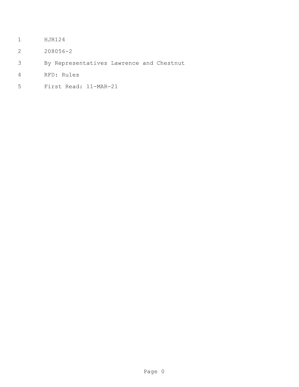 1 HJR124 2 208056-2 3 by Representatives Lawrence and Chestnut 4 RFD: Rules 5 First Read: 11-MAR-21