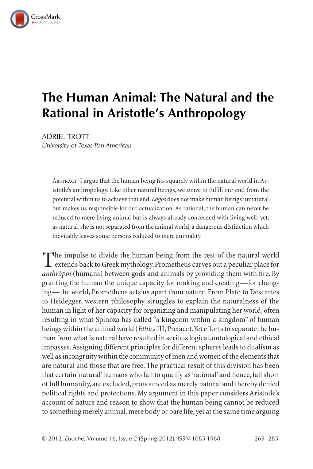 The Human Animal: the Natural and the Rational in Aristotle's