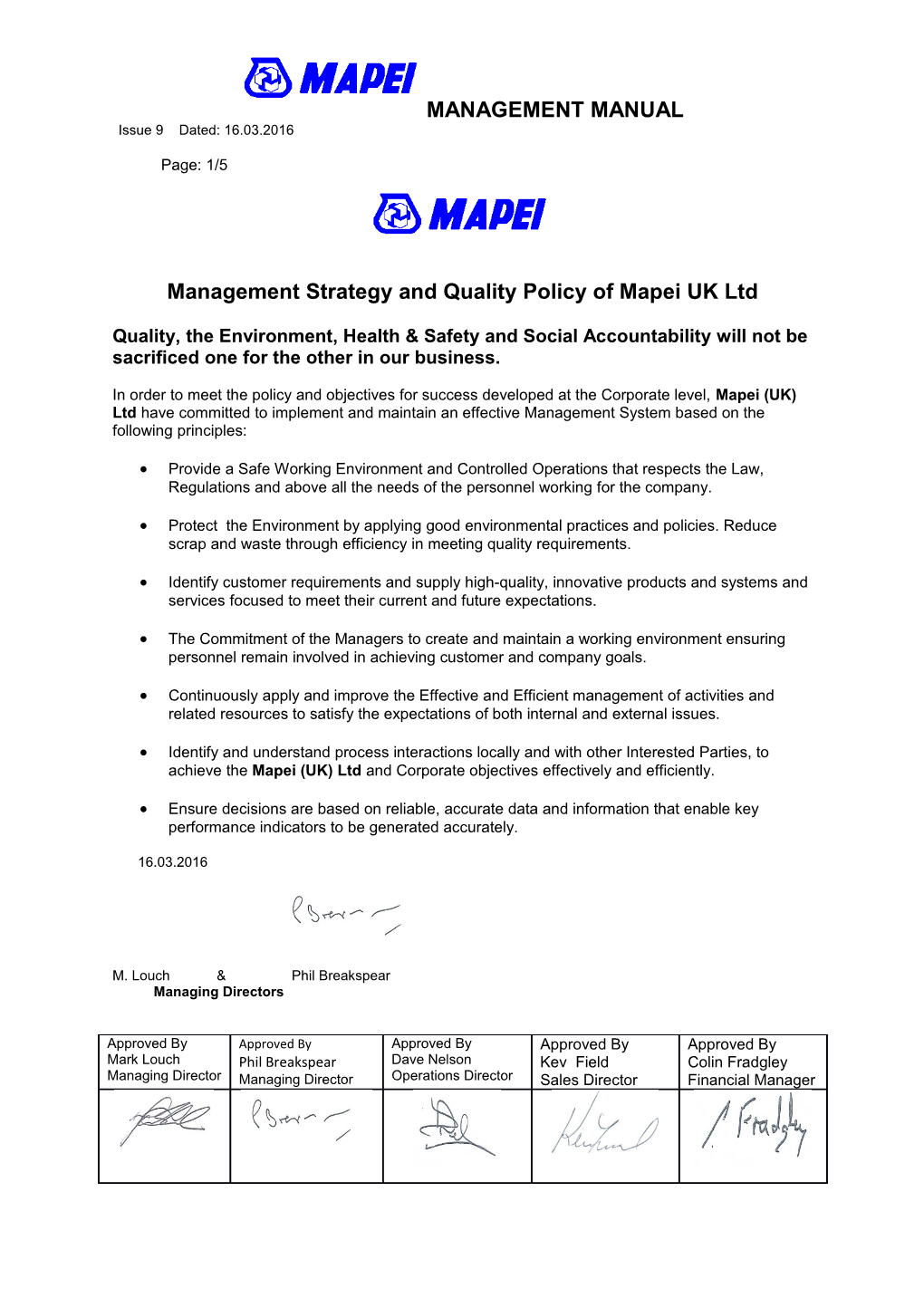 Management Strategy and Quality Policy of Mapei UK Ltd