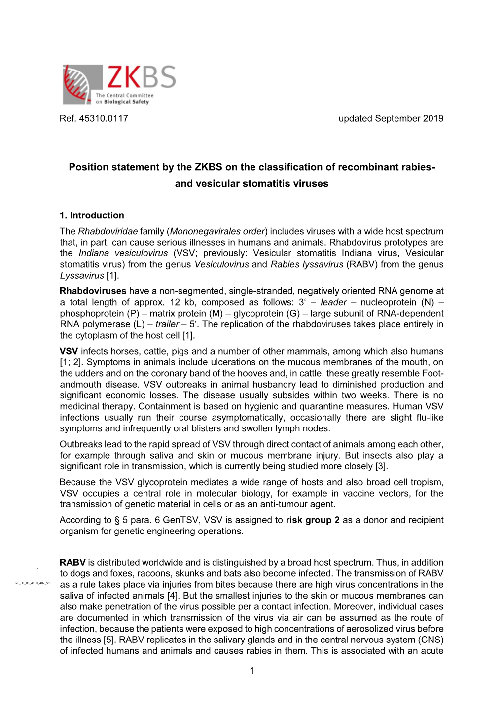 Position Statement by the ZKBS on the Classification of Recombinant Rabies- and Vesicular Stomatitis Viruses