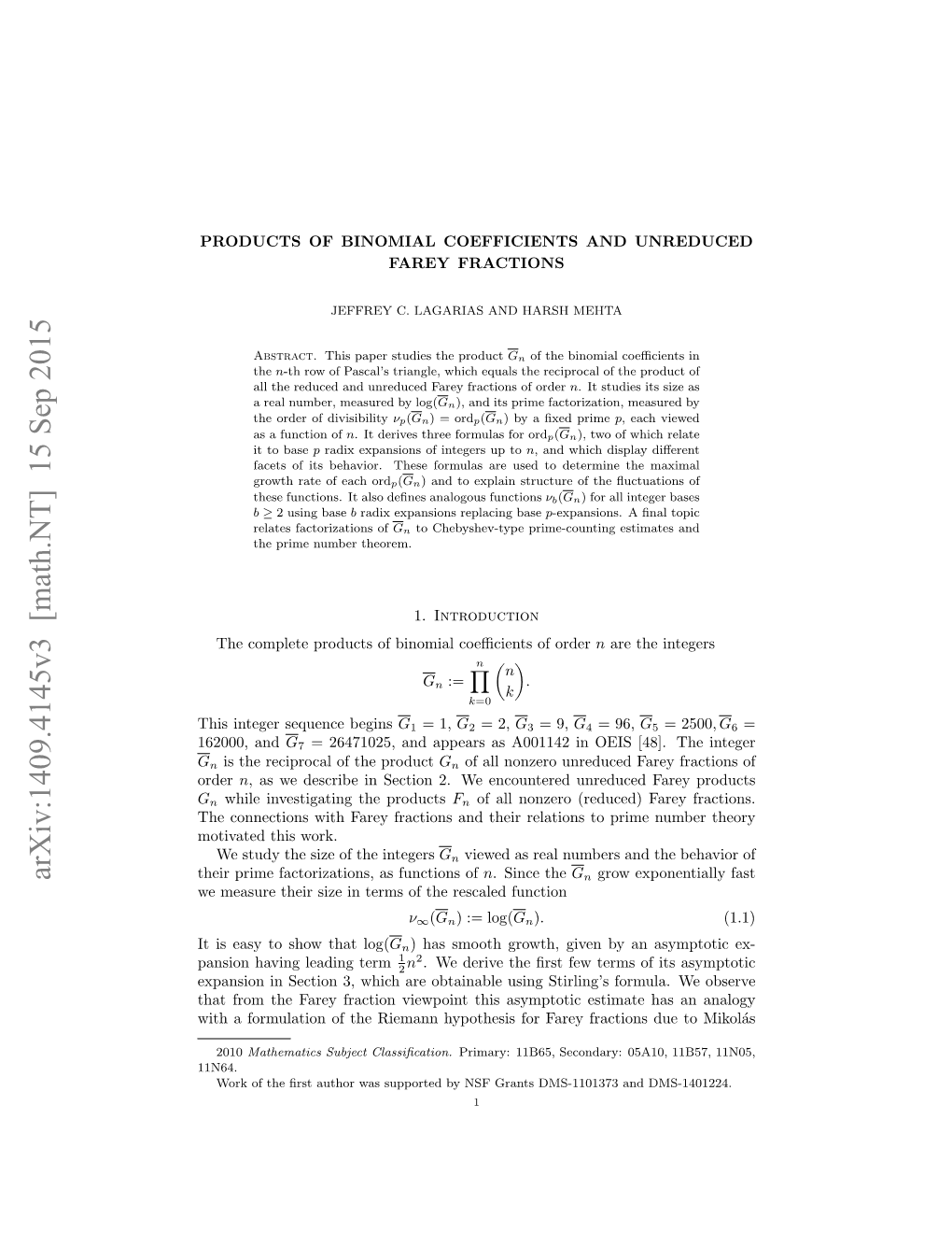 Products of Binomial Coefficients and Unreduced Farey Fractions