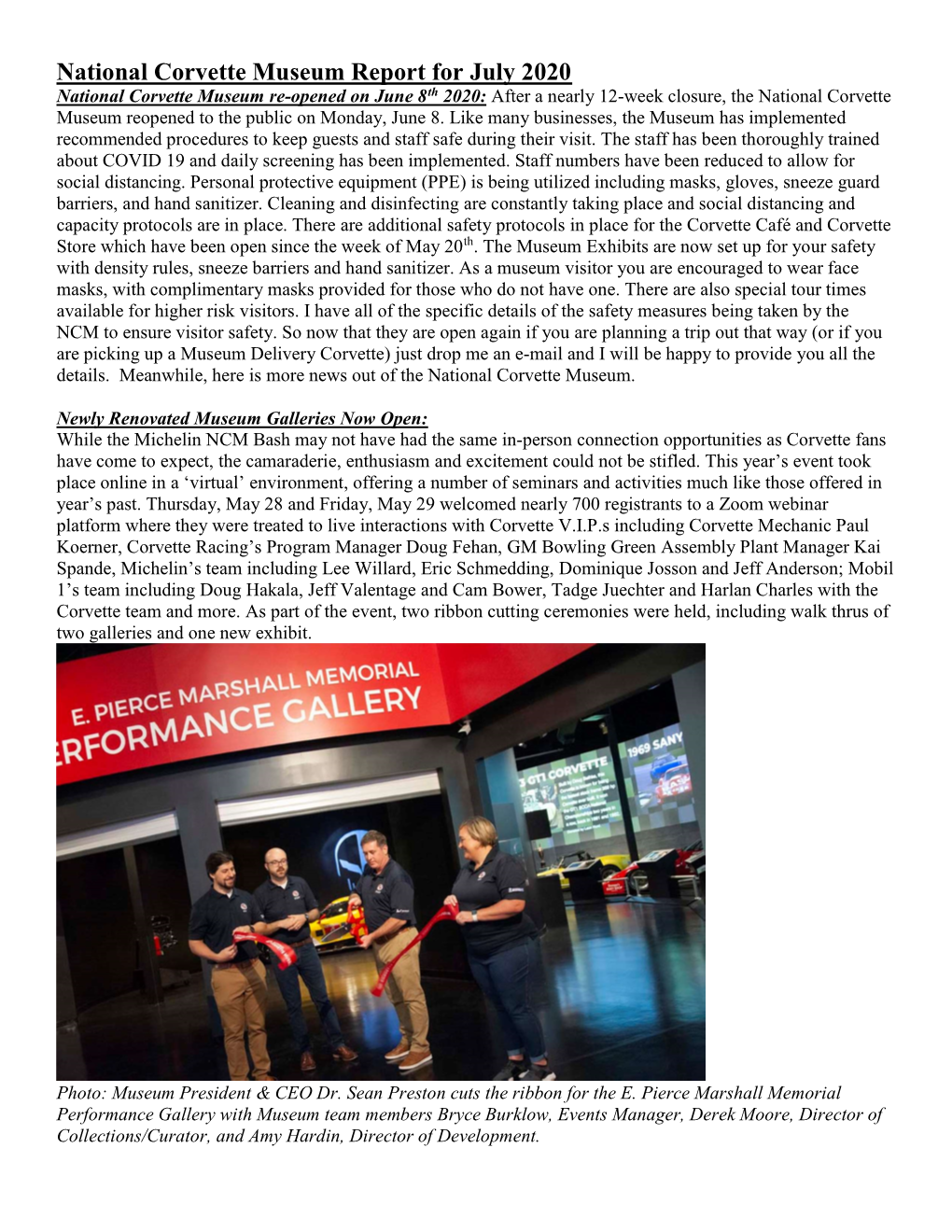 National Corvette Museum Report for July 2020
