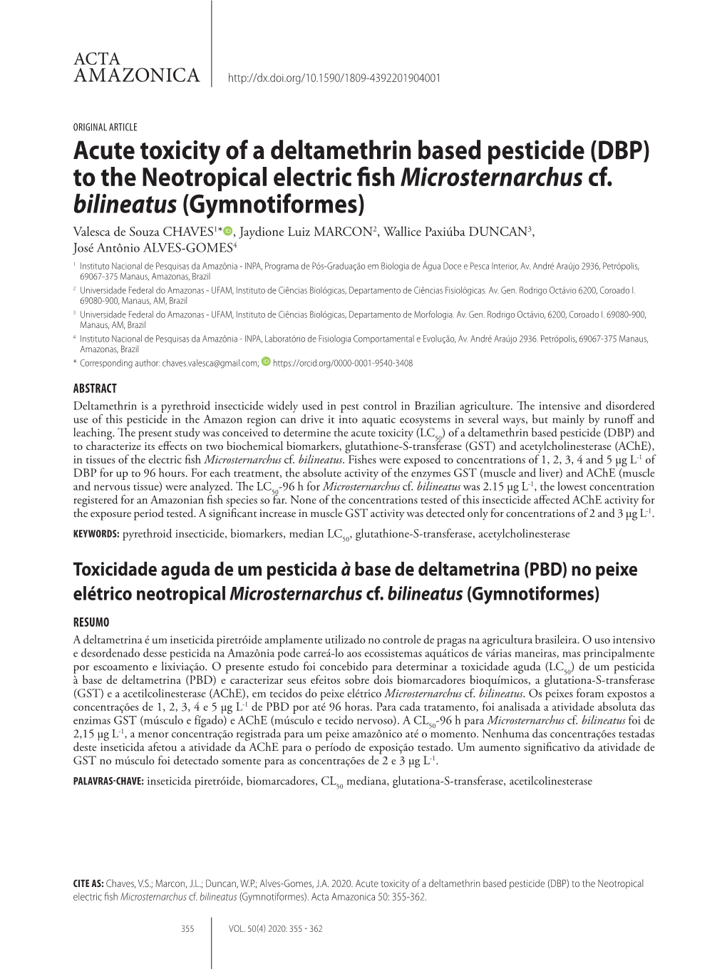 Acute Toxicity of a Deltamethrin Based Pesticide (DBP) to the Neotropical Electric Fishmicrosternarchus Cf