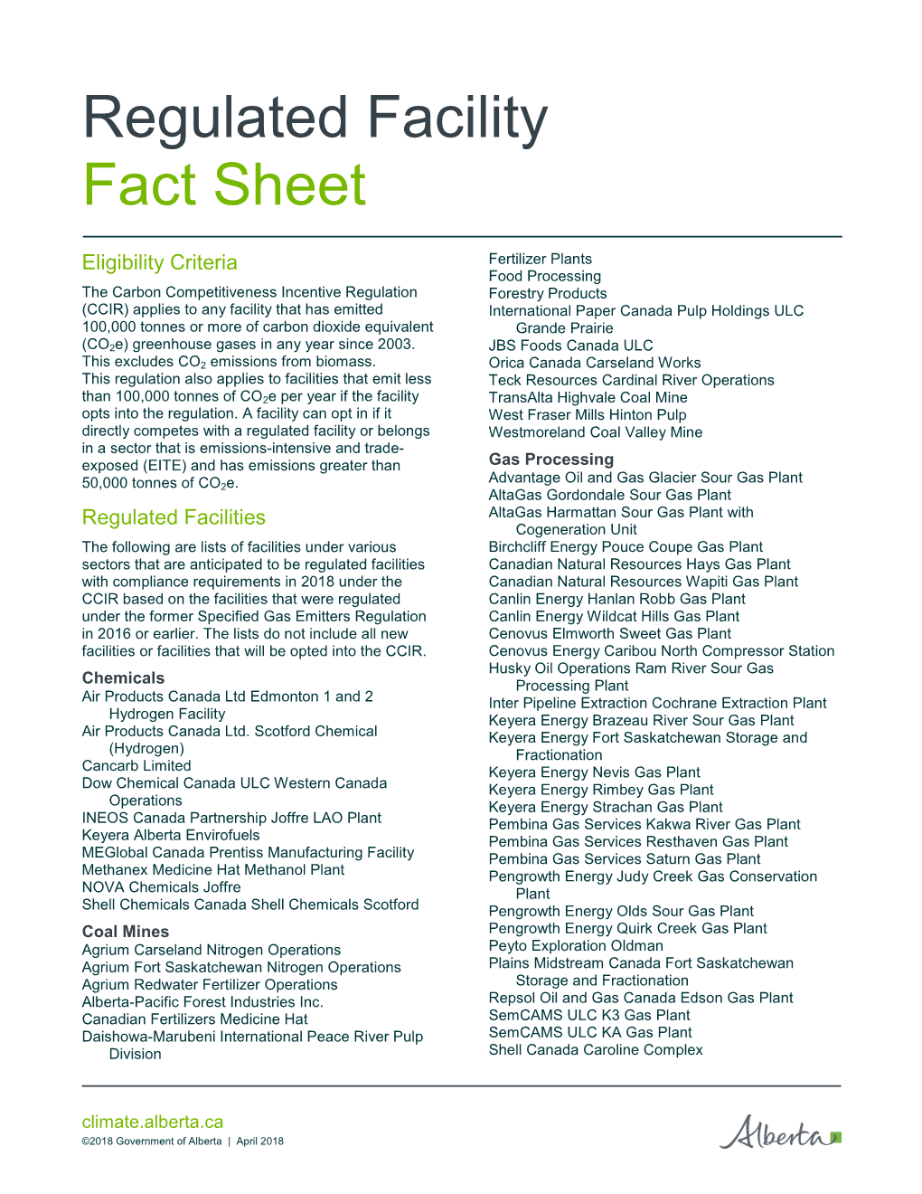 Regulated Facility Fact Sheet