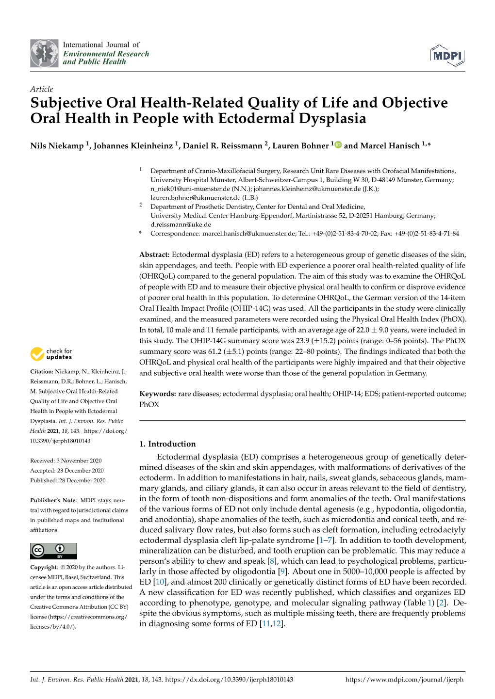 Subjective Oral Health-Related Quality of Life and Objective Oral Health in People with Ectodermal Dysplasia
