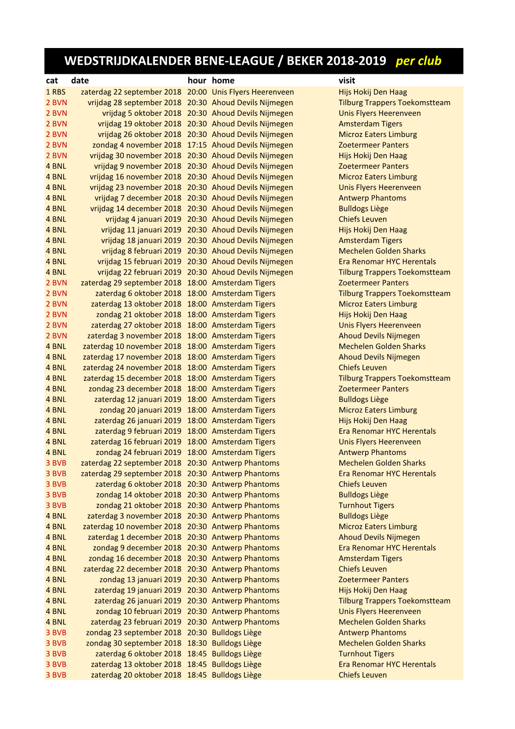 WEDSTRIJDKALENDER BENE-LEAGUE / BEKER 2018-2019 Per