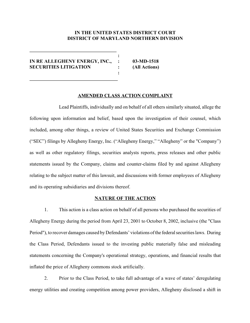 Allegheny Energy, Inc. Securities Litigation 03-MD-01518-Amended Class Action Complaint