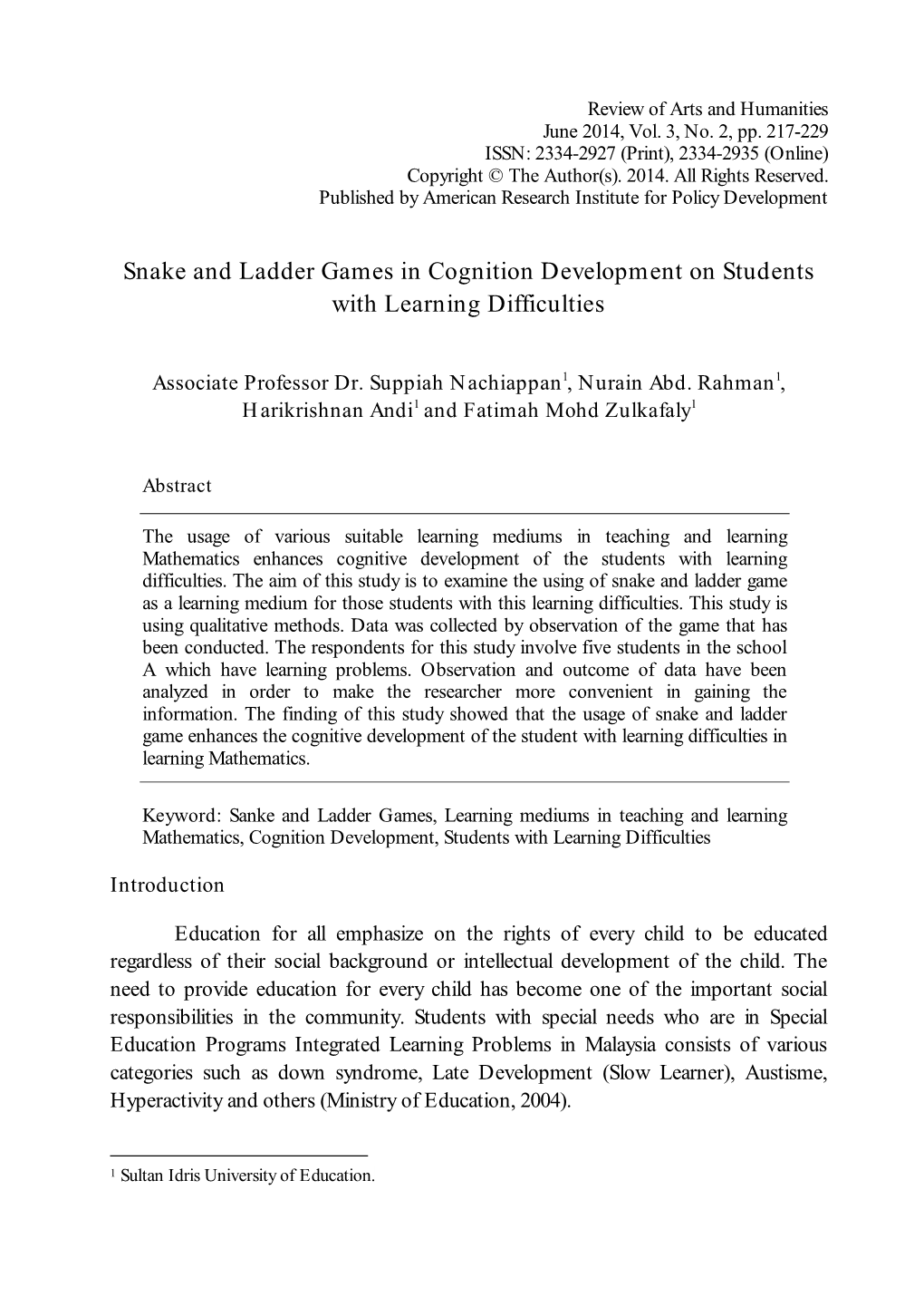 Snake and Ladder Games in Cognition Development on Students with Learning Difficulties