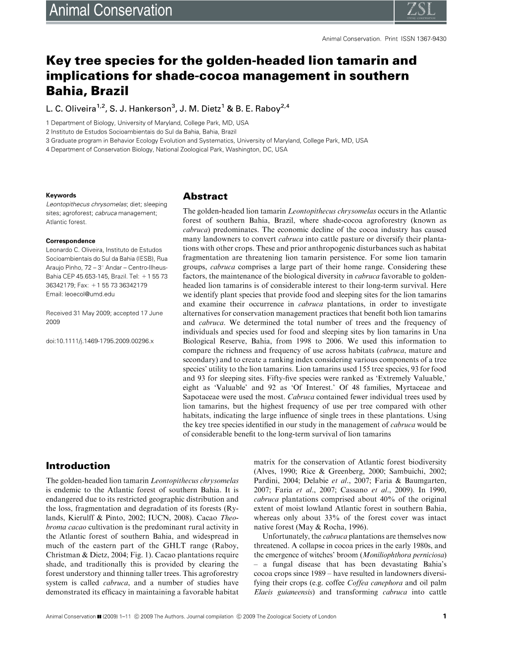 Key Tree Species for the Golden-Headed Lion Tamarin and Implications for Shade-Cocoa Management in Southern Bahia, Brazil L