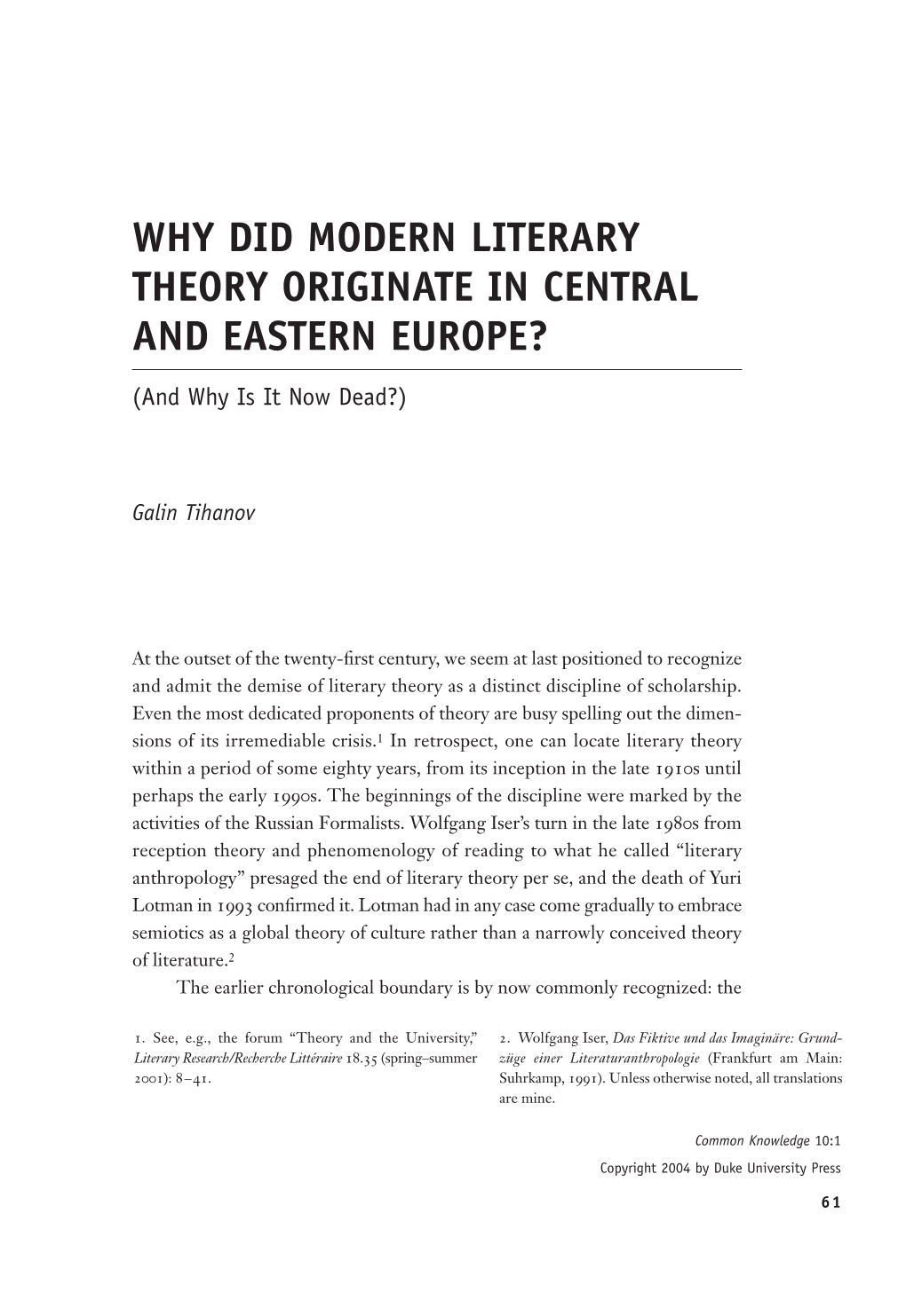 Why Did Modern Literary Theory Originate in Central and Eastern Europe?