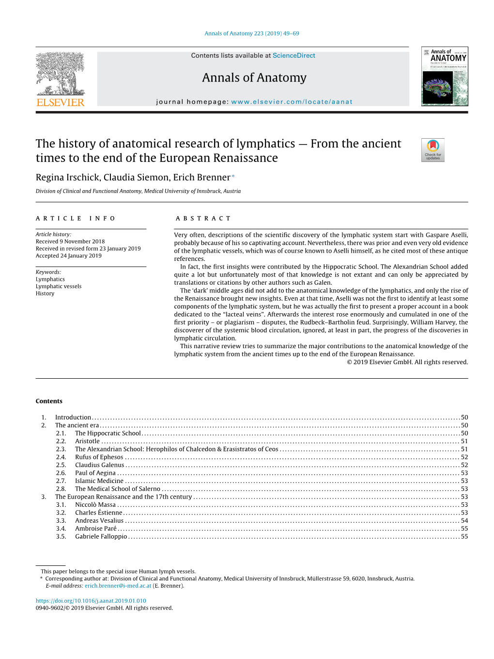 The History of Anatomical Research of Lymphatics — from the Ancient