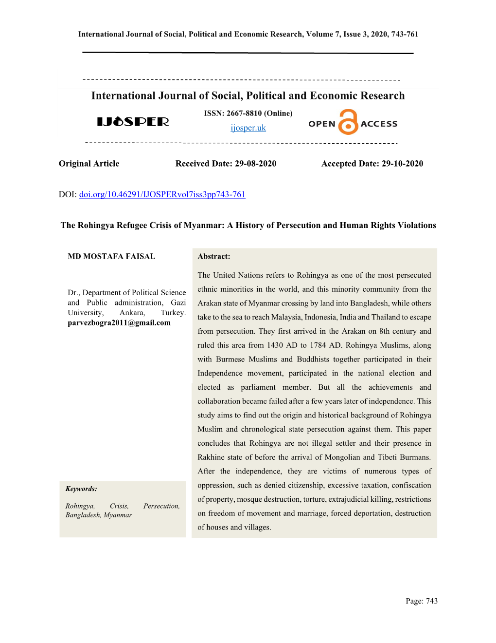 International Journal of Social, Political and Economic Research, Volume 7, Issue 3, 2020, 743-761