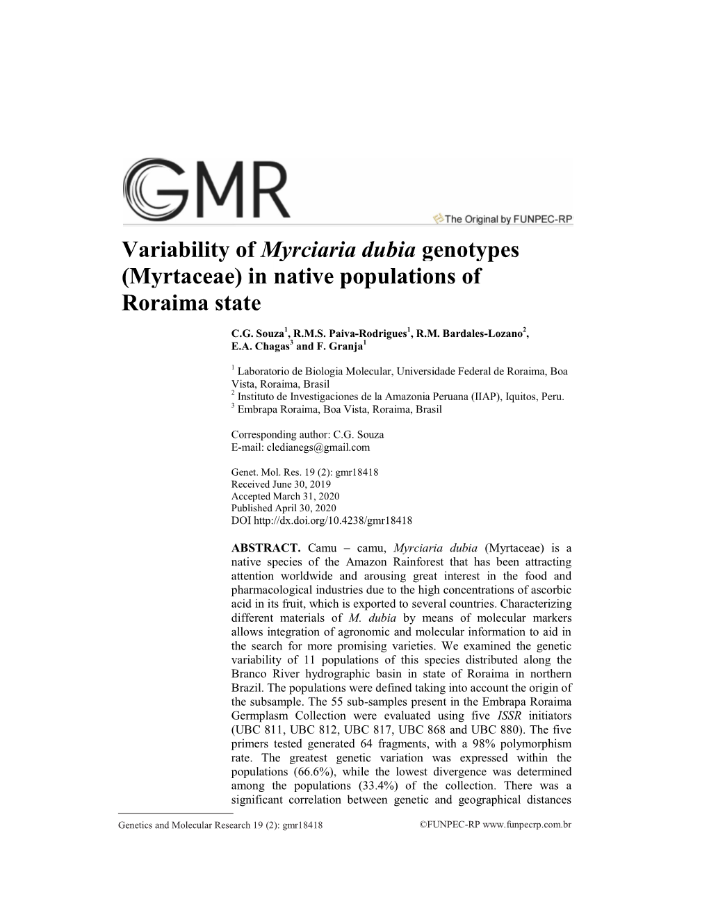 Variability of Myrciaria Dubia Genotypes (Myrtaceae) in Native Populations of Roraima State