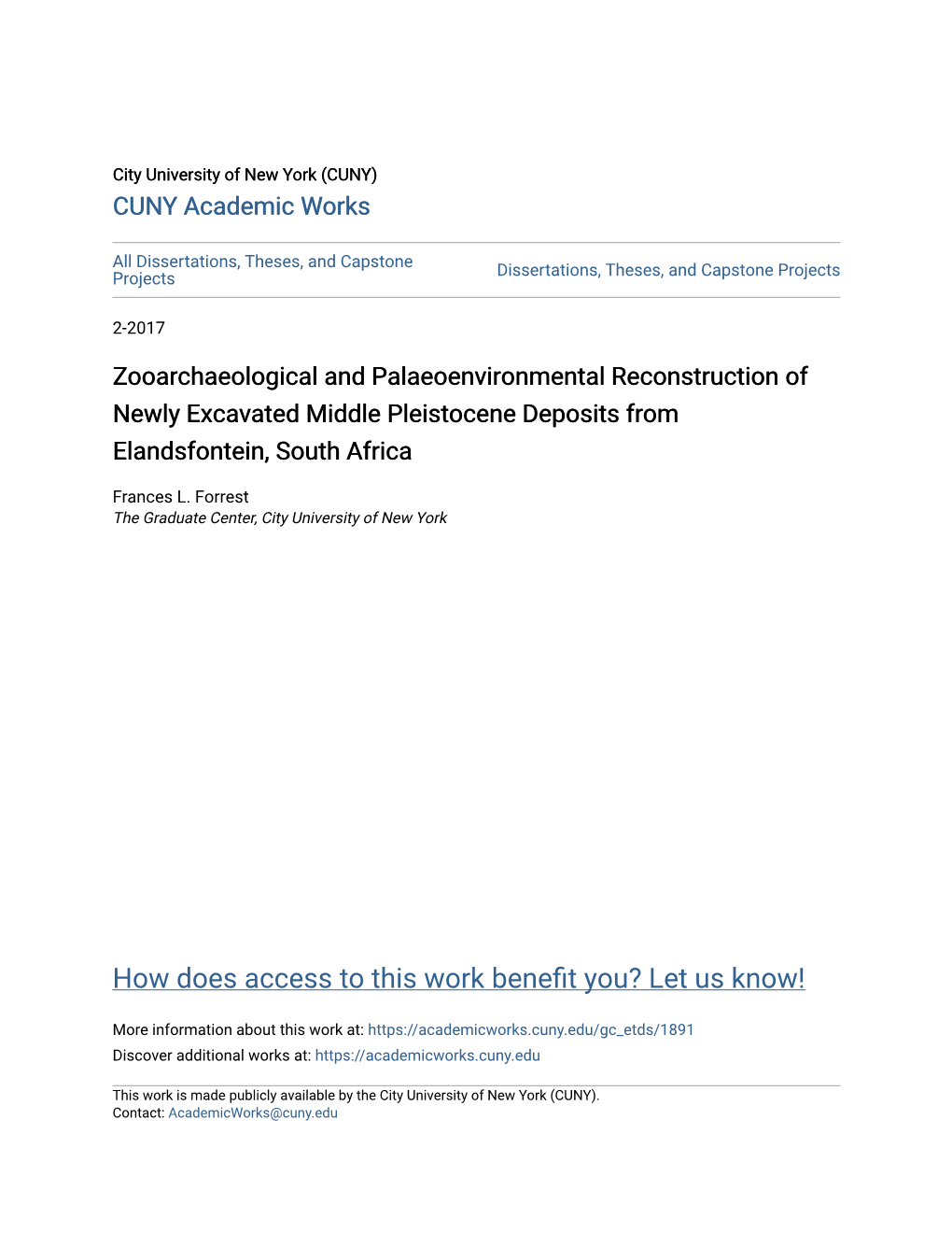 Zooarchaeological and Palaeoenvironmental Reconstruction of Newly Excavated Middle Pleistocene Deposits from Elandsfontein, South Africa