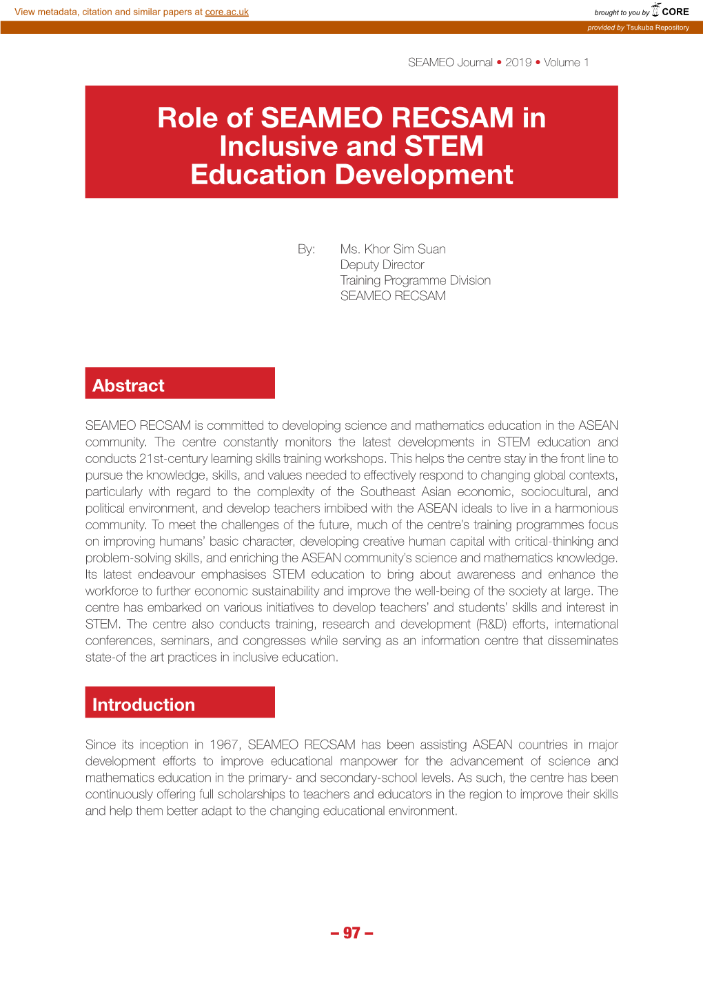 Role of SEAMEO RECSAM in Inclusive and STEM Education Development