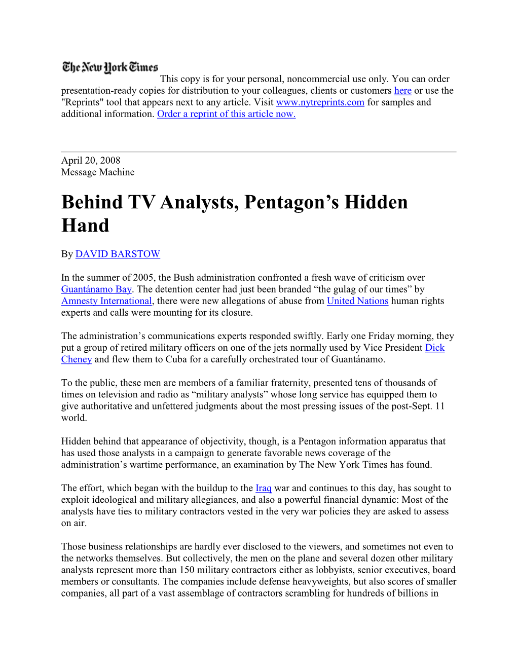 Behind TV Analysts, Pentagon's Hidden Hand