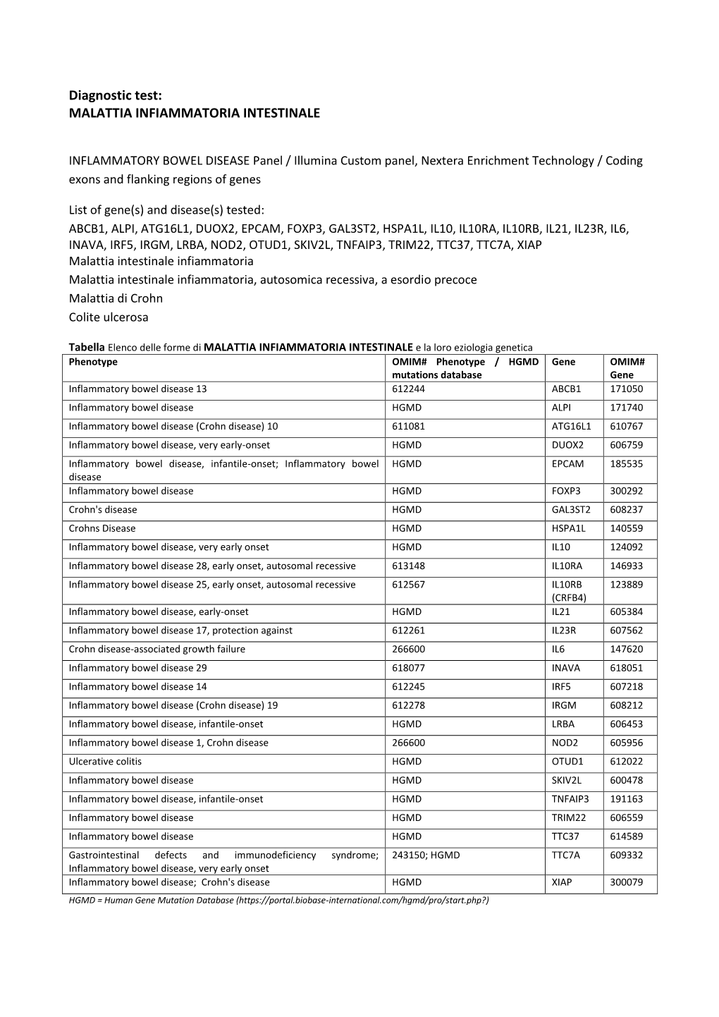 Diagnostic Test: MALATTIA INFIAMMATORIA INTESTINALE