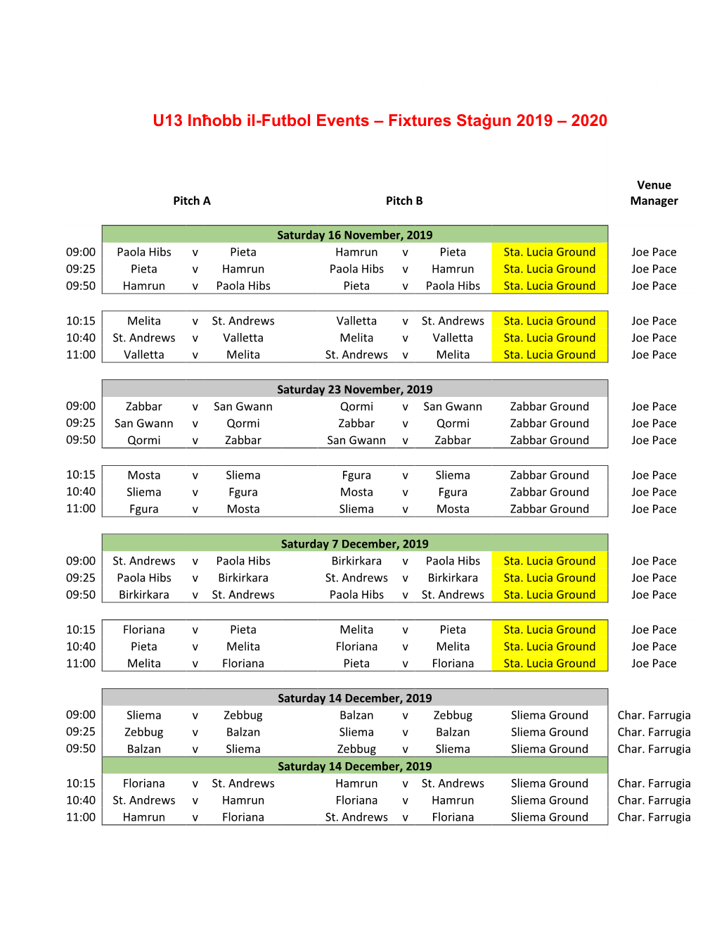 Fixtures Staġun 2019 – 2020