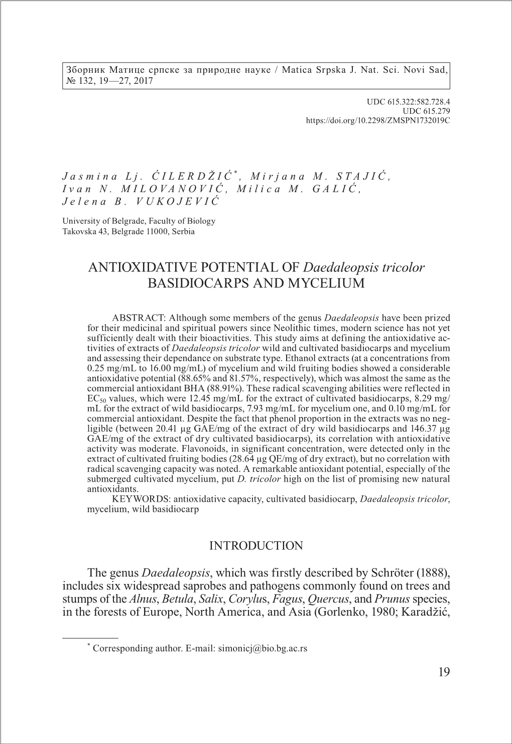 ANTIOXIDATIVE POTENTIAL of Daedaleopsis Tricolor BASIDIOCARPS and MYCELIUM