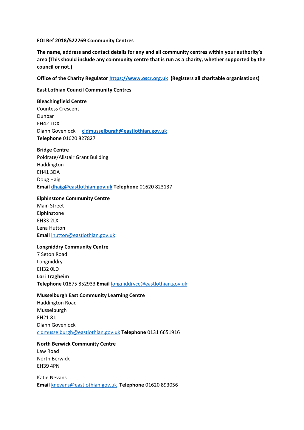 FOI Ref 2018/522769 Community Centres