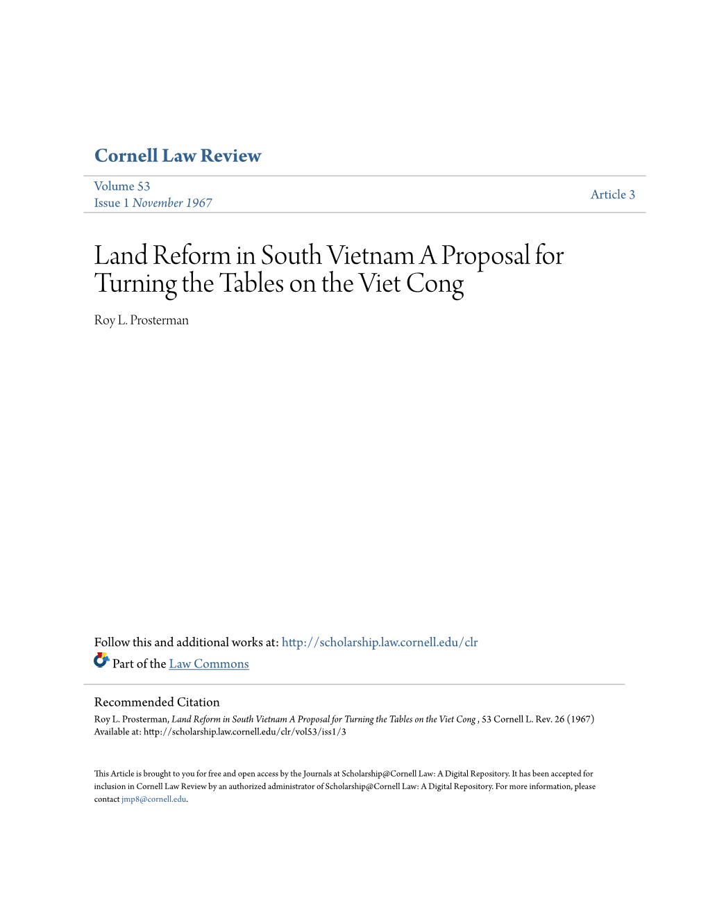 Land Reform in South Vietnam a Proposal for Turning the Tables on the Viet Cong Roy L