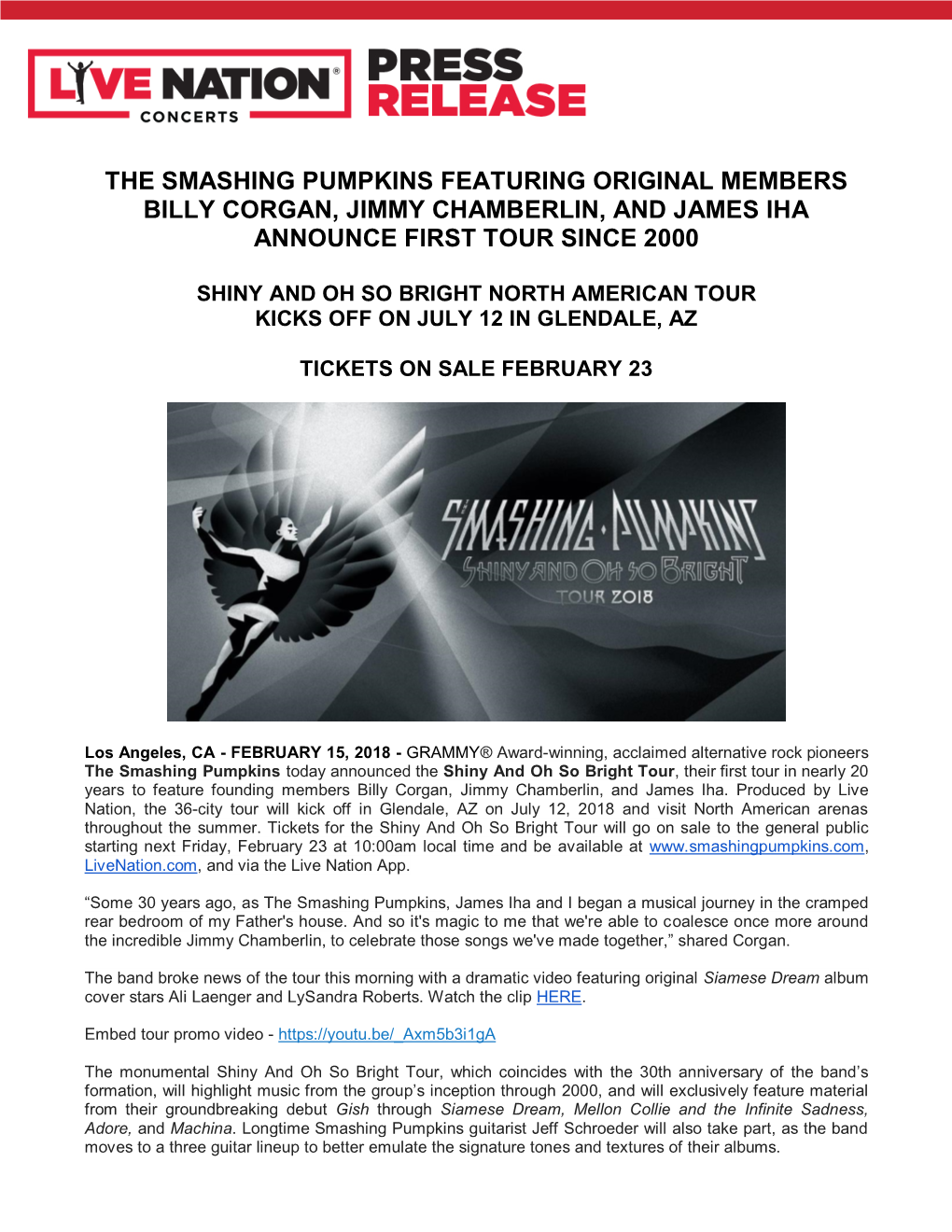 The Smashing Pumpkins Featuring Original Members Billy Corgan, Jimmy Chamberlin, and James Iha Announce First Tour Since 2000