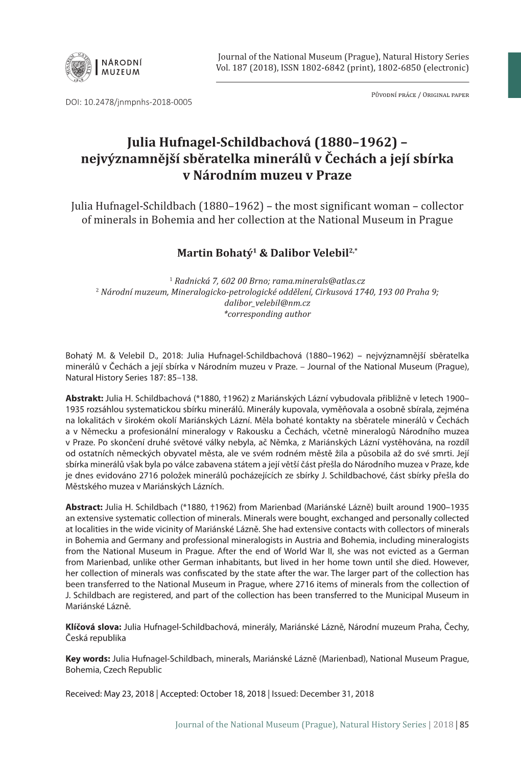 Julia Hufnagel-Schildbachová (1880–1962) – Nejvýznamnější Sběratelka Minerálů V Čechách a Její Sbírka V Národním Muzeu V Praze