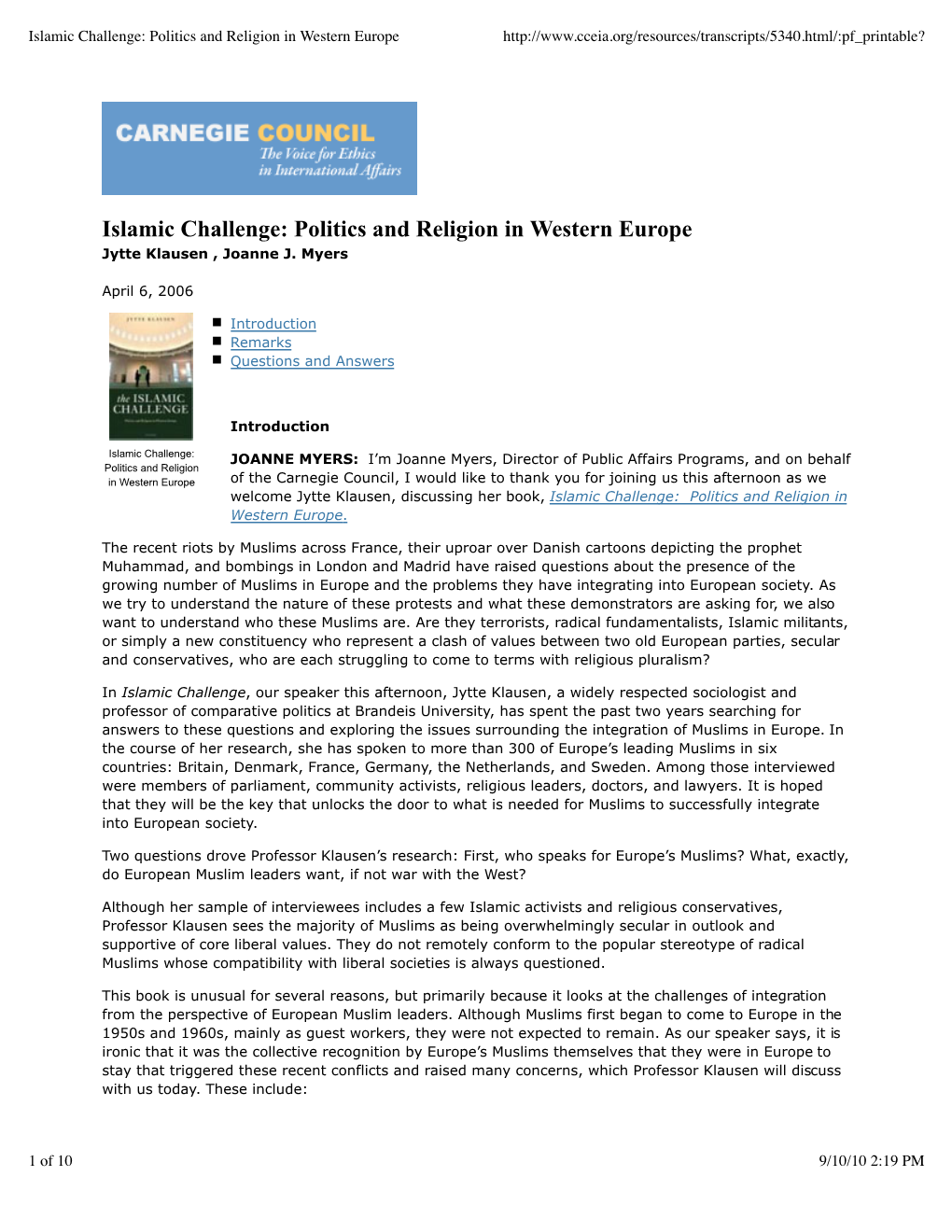 Islamic Challenge: Politics and Religion in Western Europe