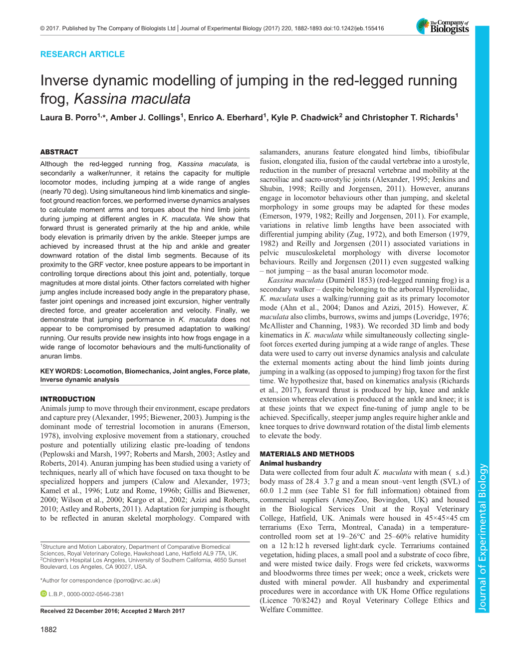 Inverse Dynamic Modelling of Jumping in the Red-Legged Running Frog, Kassina Maculata Laura B