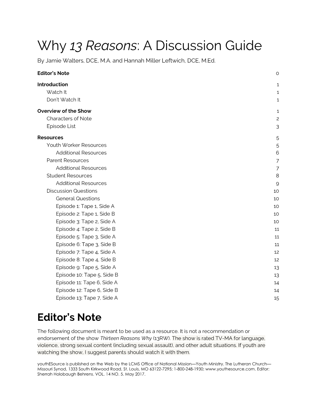 Why 13 Reasons: a Discussion Guide by Jamie Walters, DCE, M.A