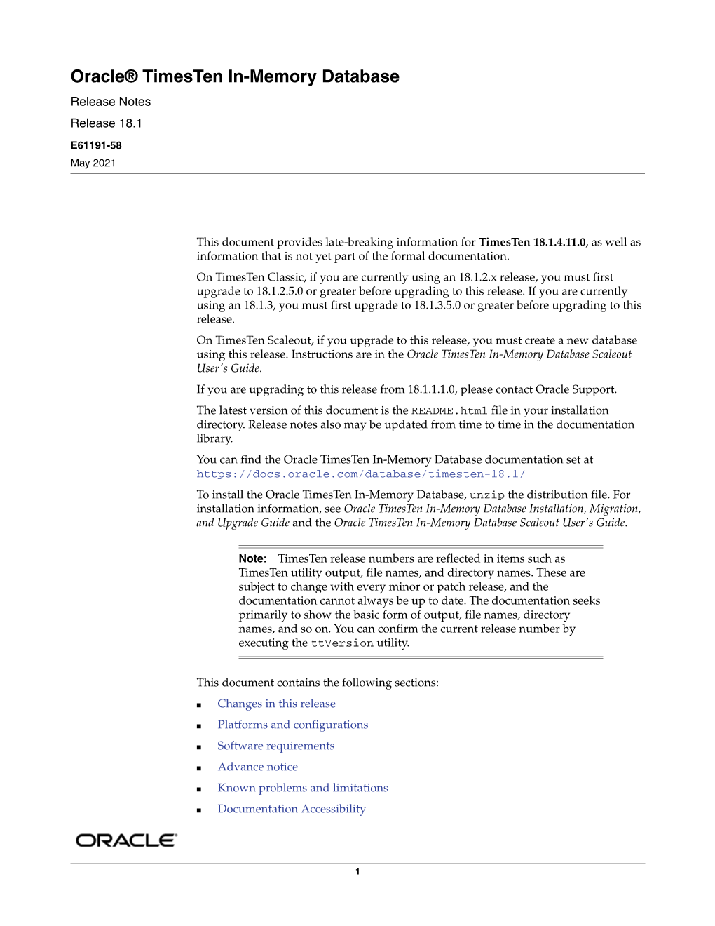 Oracle® Timesten In-Memory Database Release Notes Release 18.1