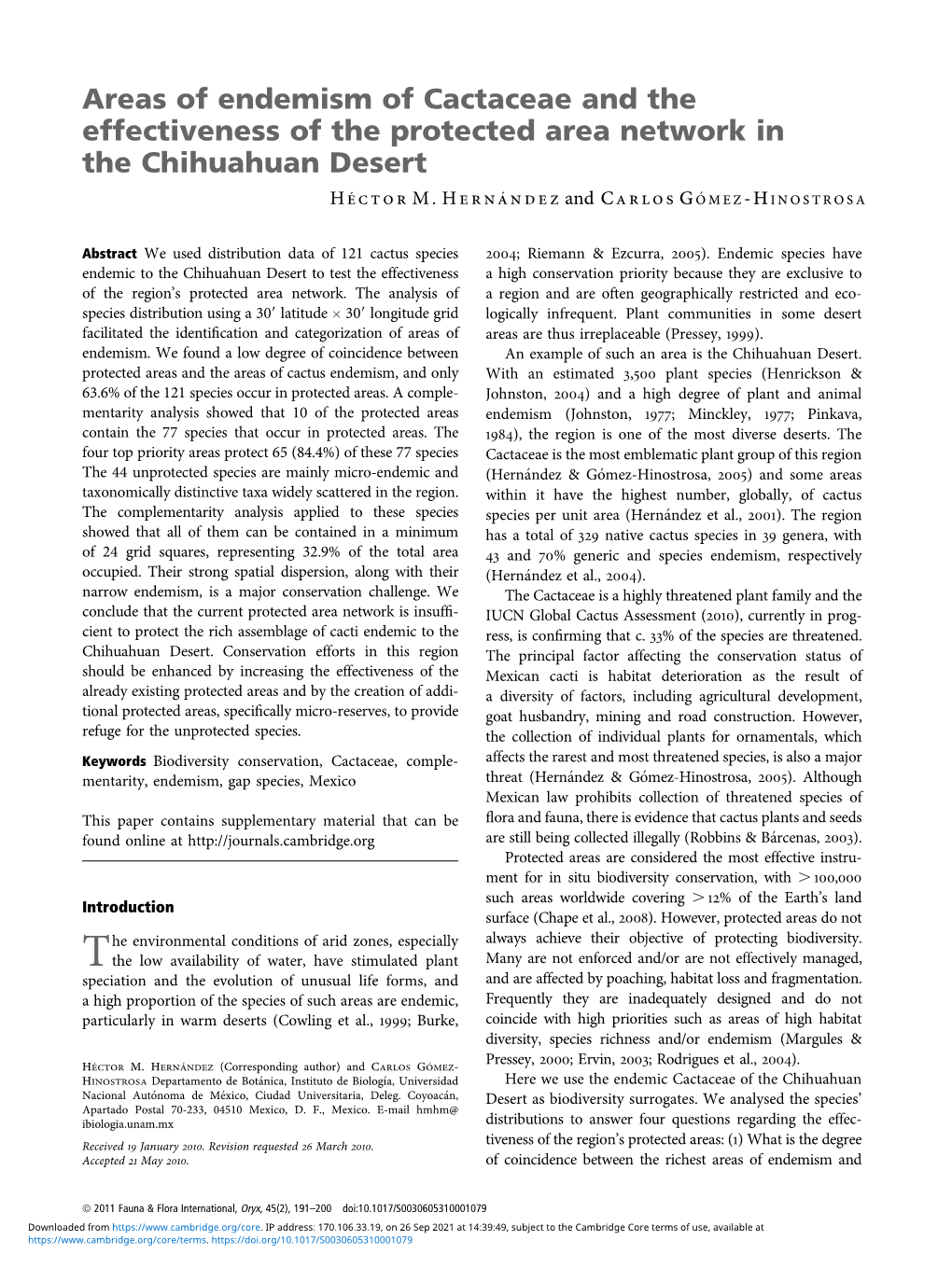 Areas of Endemism of Cactaceae and the Effectiveness of the Protected Area Network in the Chihuahuan Desert