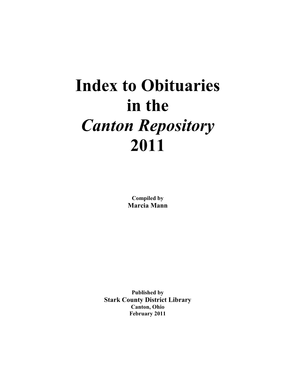 Index to Obituaries in the Canton Repository 2011