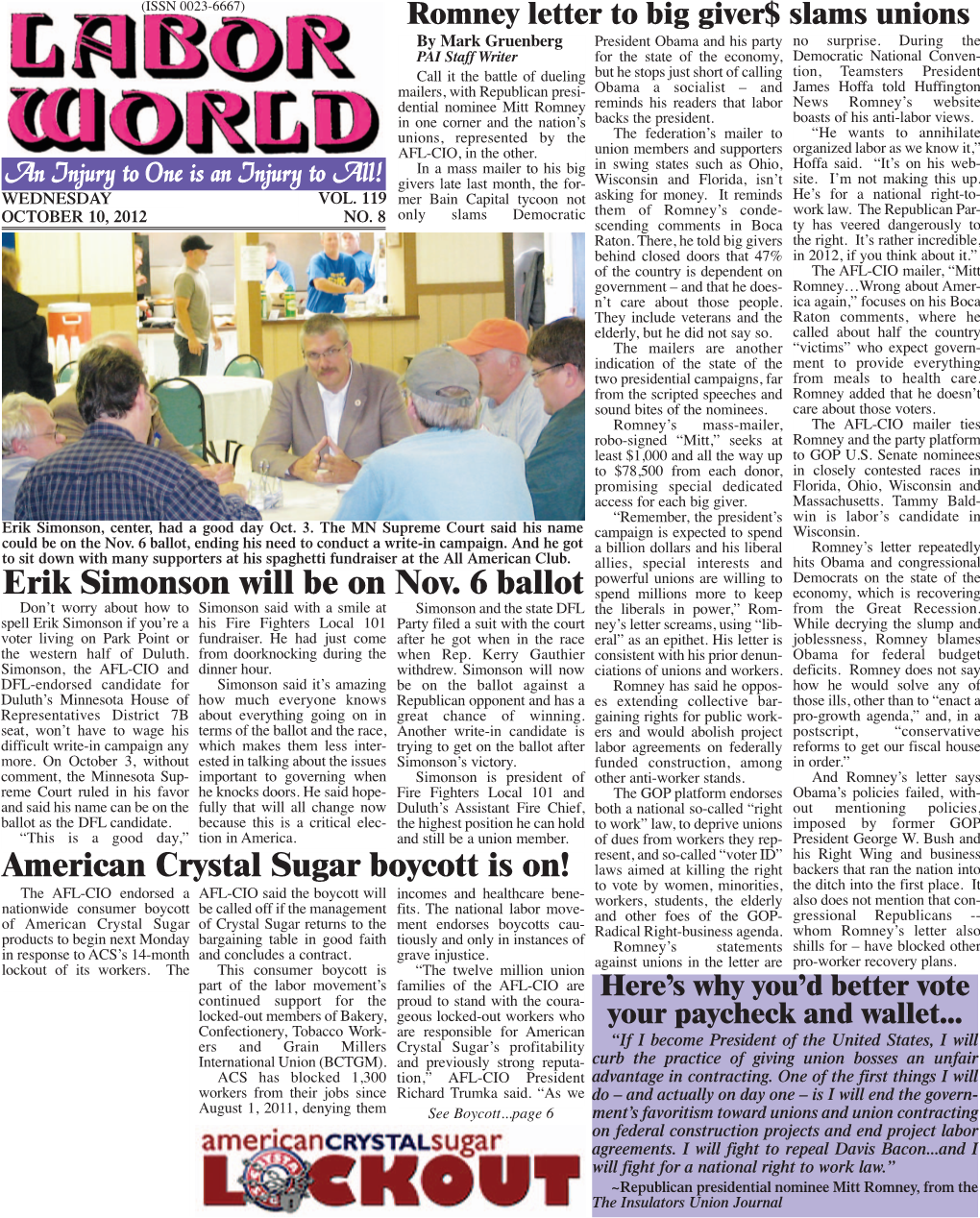 Erik Simonson Will Be on Nov. 6 Ballot American Crystal Sugar Boycott Is