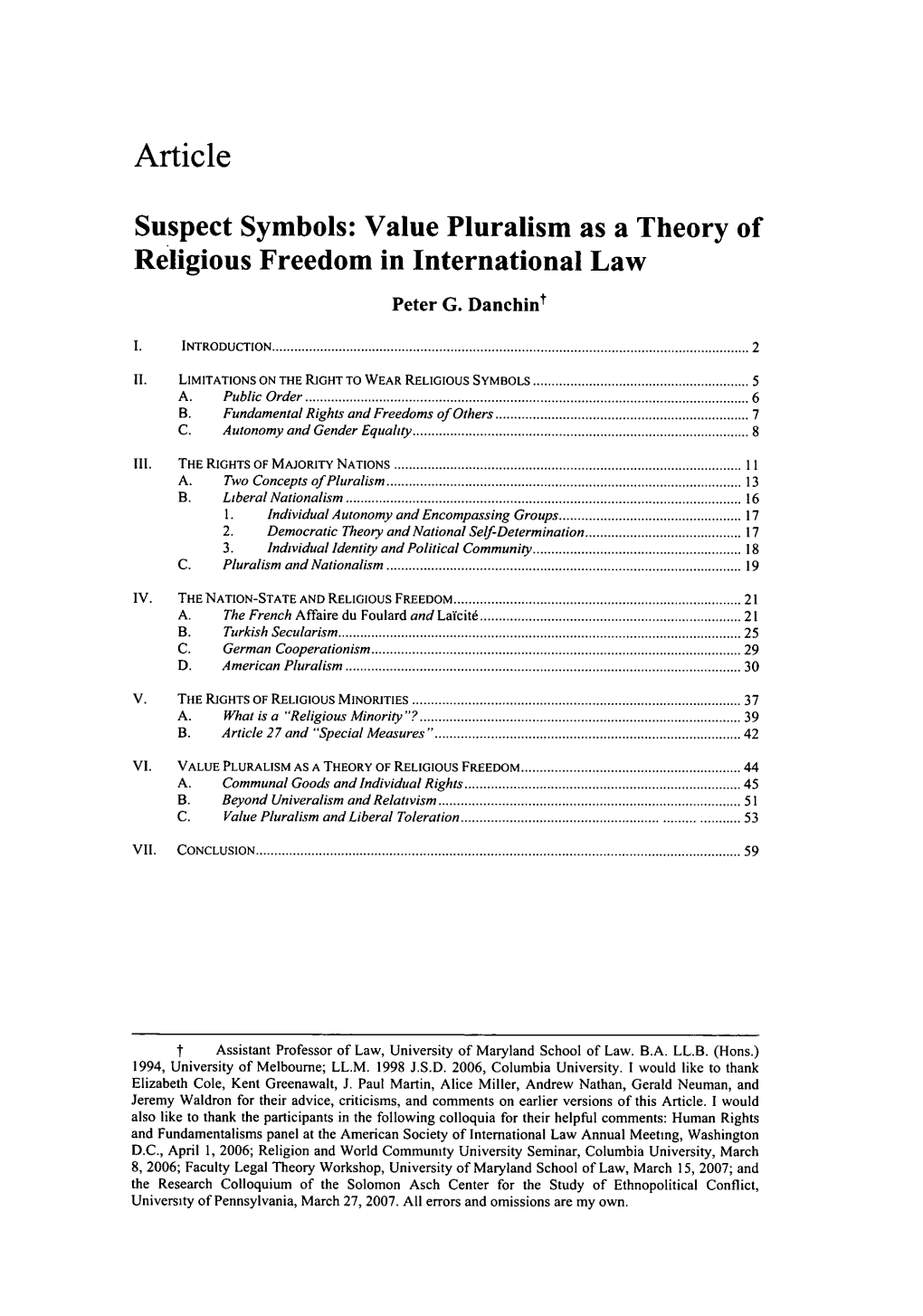 Suspect Symbols: Value Pluralism As a Theory of Religious Freedom in International Law T Peter G