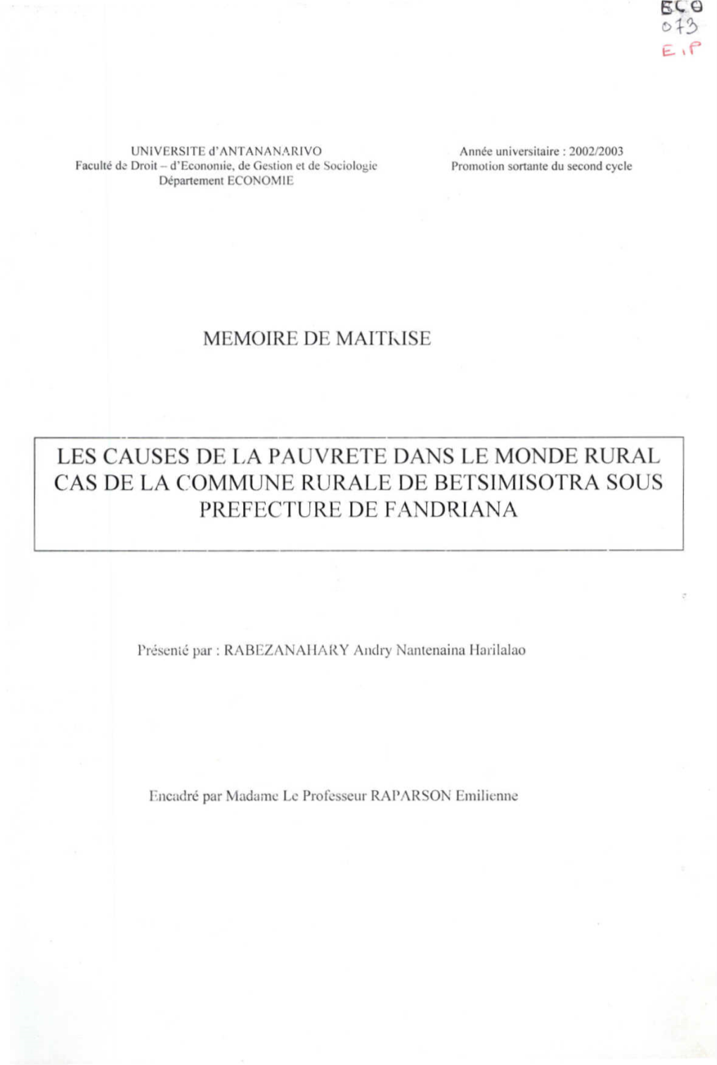 Les Causes De La Pauvrete Dans Le Monde Rural Cas De La Commune Rurale De Betsimisotra Sous Prefecture De Fandriana