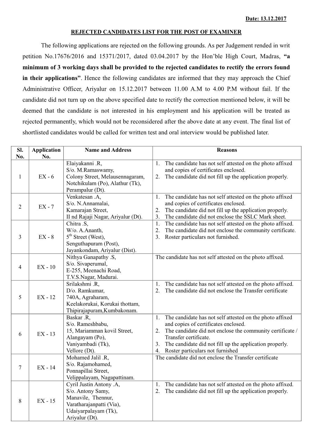 The Following Applications Are Rejected on the Following Grounds. As Per Judgement Rended in Writ Petition No.17676/2016 And