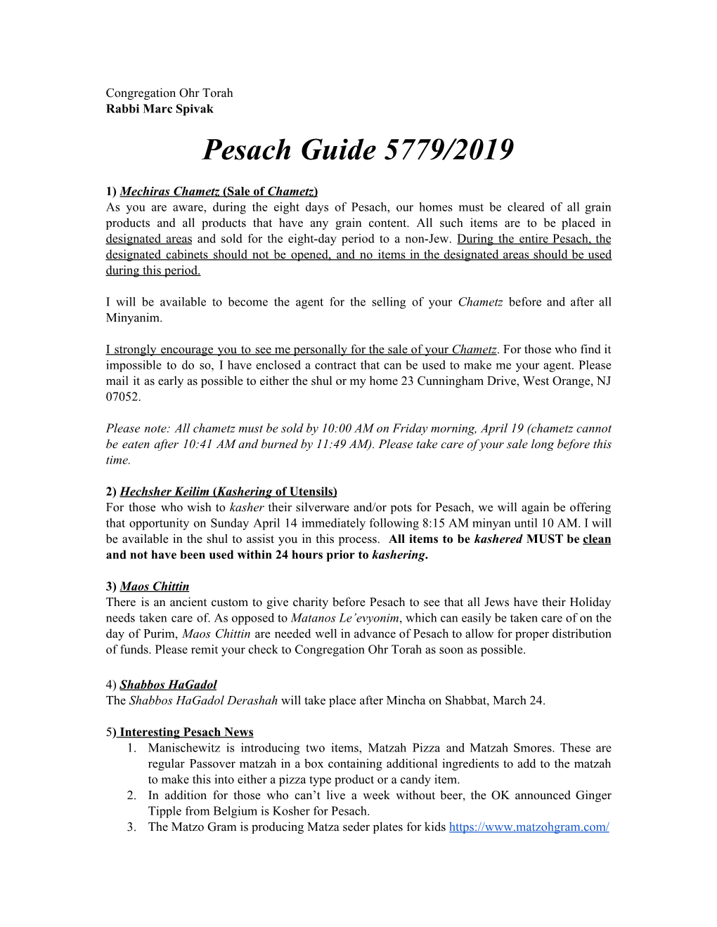 Pesach Guide 5779/2019