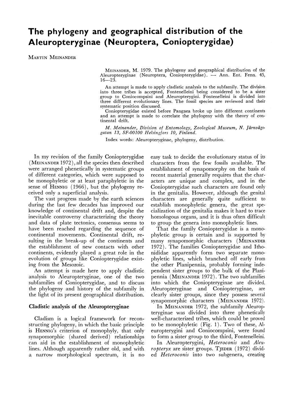 The Phylogeny and Geographical Distribution of the Aleuropteryginae (Neuroptera, Coniopterygidae)