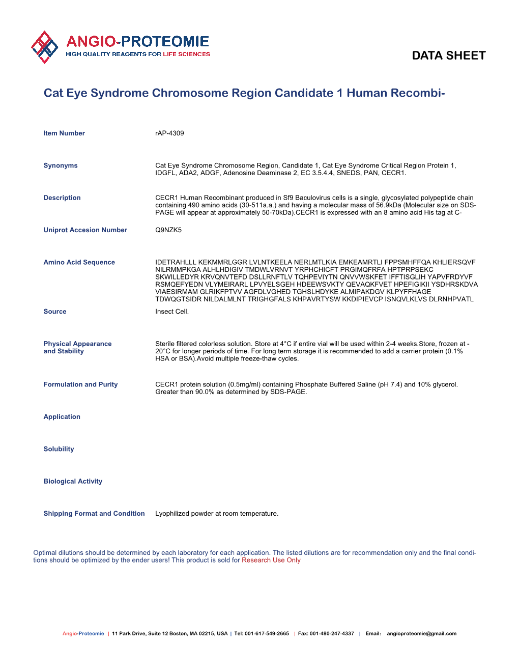 Rap-4309 Cat Eye Syndrome Chromosome Region Candidate 1 Human Recombinant-PDF.Pdf