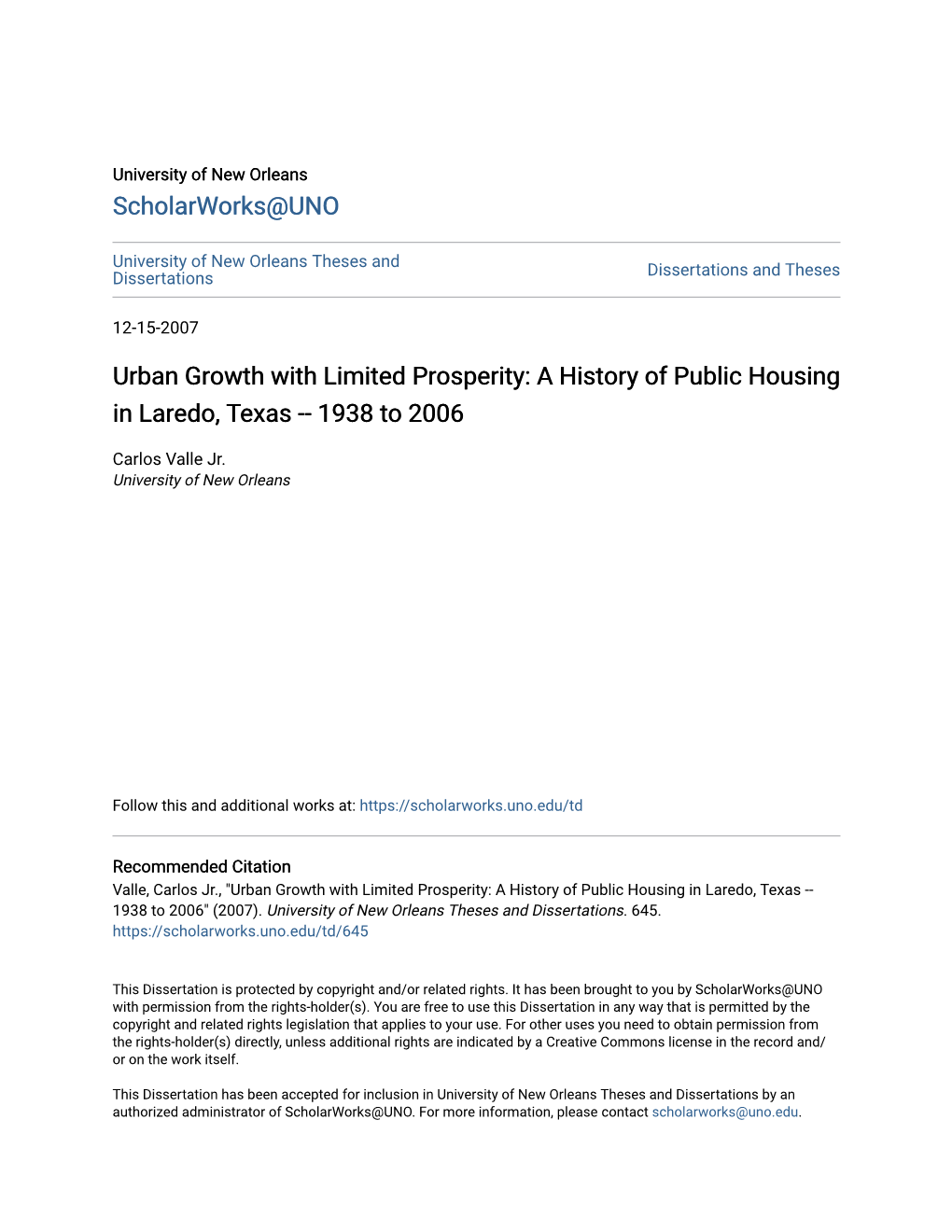 A History of Public Housing in Laredo, Texas -- 1938 to 2006
